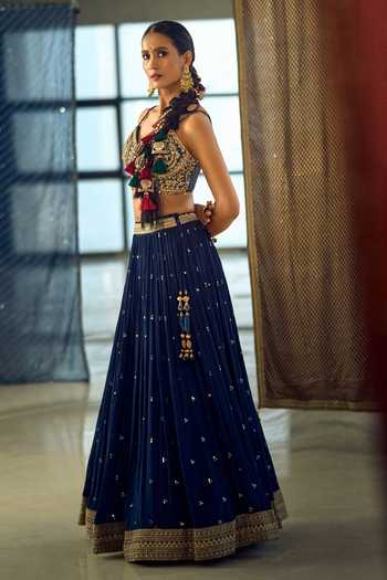 Buy_Samyukta Singhania_Blue Satin, Viscose, Embroidered Chinon Lehenga Set With Choli And Dupatta 