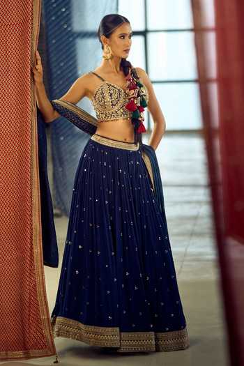 Samyukta Singhania_Blue Satin, Viscose, Embroidered Chinon Lehenga Set With Choli And Dupatta _Online