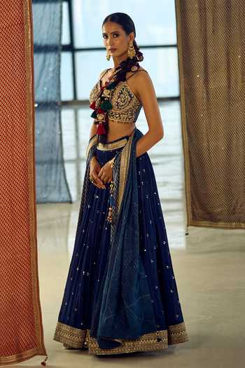 Buy_Samyukta Singhania_Blue Satin, Viscose, Embroidered Chinon Lehenga Set With Choli And Dupatta _Online