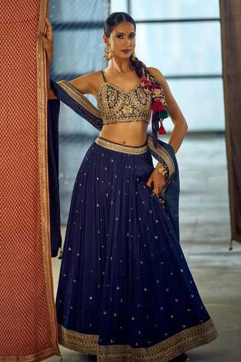 Shop_Samyukta Singhania_Blue Satin, Viscose, Embroidered Chinon Lehenga Set With Choli And Dupatta _Online