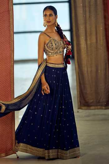 Samyukta Singhania_Blue Satin, Viscose, Embroidered Chinon Lehenga Set With Choli And Dupatta 