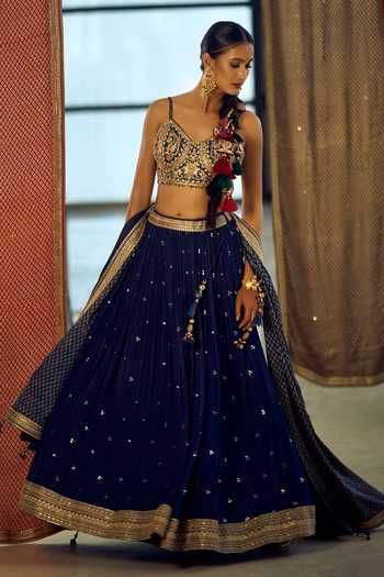 Samyukta Singhania_Blue Satin, Viscose, Embroidered Chinon Lehenga Set With Choli And Dupatta 
