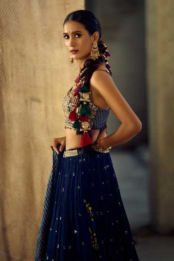 Samyukta Singhania_Blue Satin, Viscose, Embroidered Chinon Lehenga Set With Choli And Dupatta 