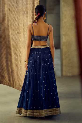 Samyukta Singhania_Blue Satin, Viscose, Embroidered Chinon Lehenga Set With Choli And Dupatta 