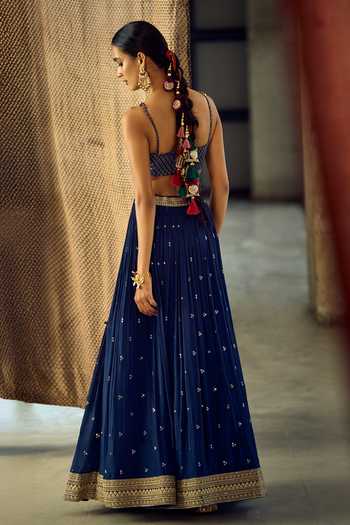 Samyukta Singhania_Blue Satin, Viscose, Embroidered Chinon Lehenga Set With Choli And Dupatta 