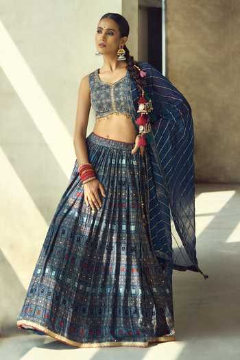 Buy_Samyukta Singhania_Blue Organza, Satin, Viscose, Modal Tassels Printed Lehenga Set With Dupatta _at_Aza_Fashions