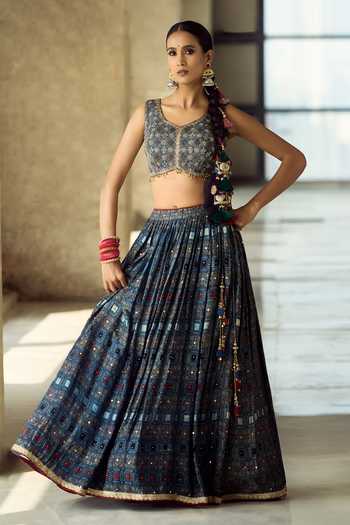 Buy_Samyukta Singhania_Blue Organza, Satin, Viscose, Modal Tassels Printed Lehenga Set With Dupatta _Online_at_Aza_Fashions
