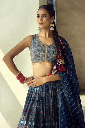 Shop_Samyukta Singhania_Blue Organza, Satin, Viscose, Modal Tassels Printed Lehenga Set With Dupatta _Online
