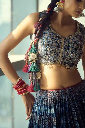 Samyukta Singhania_Blue Organza, Satin, Viscose, Modal Tassels Printed Lehenga Set With Dupatta 