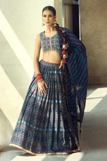 Samyukta Singhania_Blue Organza, Satin, Viscose, Modal Tassels Printed Lehenga Set With Dupatta _Online