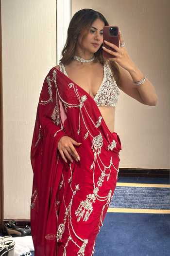Dilnaz_Red Georgette, Polyester, Satin Embroidery, Pearls Saree _at_Aza_Fashions
