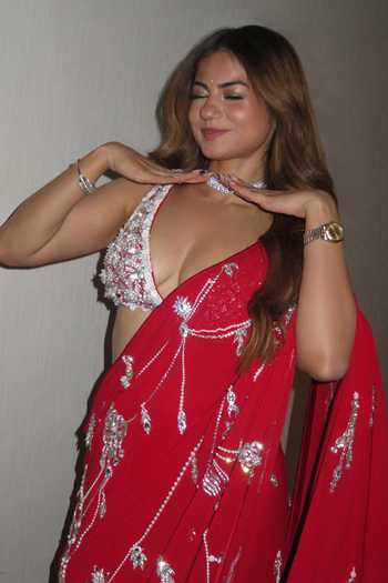 Buy_Dilnaz_Red Georgette, Polyester, Satin Embroidery, Pearls Saree 
