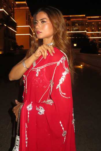 Shop_Dilnaz_Red Georgette, Polyester, Satin Embroidery, Pearls Saree 