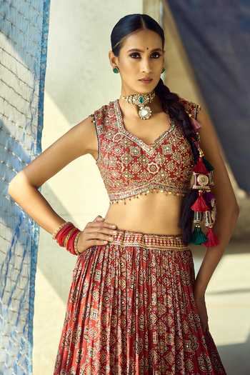 Shop_Samyukta Singhania_Maroon Organza, Satin, Viscose, Modal Zari V-neck Satin+organza Lehenga Set _Online_at_Aza_Fashions