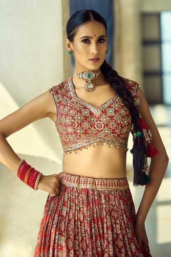 Buy_Samyukta Singhania_Maroon Organza, Satin, Viscose, Modal Zari V-neck Satin+organza Lehenga Set 