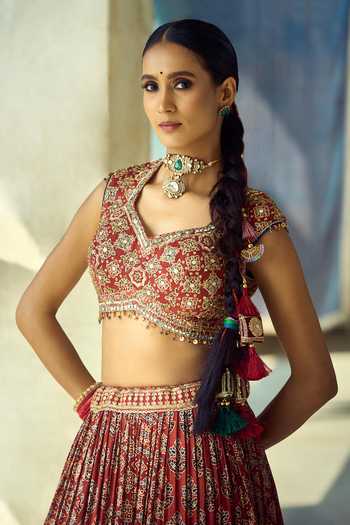 Shop_Samyukta Singhania_Maroon Organza, Satin, Viscose, Modal Zari V-neck Satin+organza Lehenga Set 