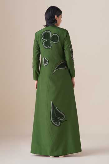 Shop_Ampm_Green Silk Mandarin Collar Saeeda Filigree Pattern Jacket With Belt _at_Aza_Fashions