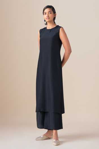 Ampm_Black Silk Mazira Long Jacket And Palazzo Set _Online_at_Aza_Fashions