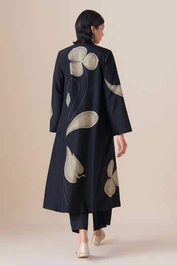 Shop_Ampm_Black Silk Mazira Long Jacket And Palazzo Set _at_Aza_Fashions