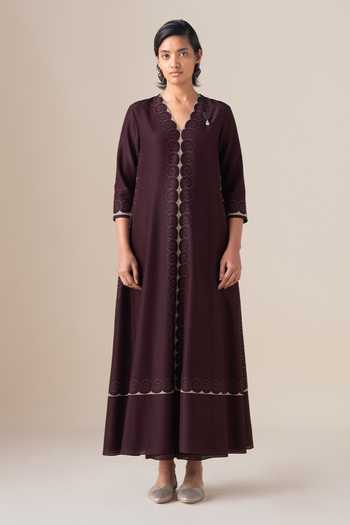 Ampm_Burgundy Silk, Cotton, Chanderi V-neck Meher A-line Kurta Palazzo Set _Online_at_Aza_Fashions