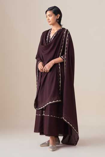 Buy_Ampm_Burgundy Silk, Cotton, Chanderi V-neck Meher A-line Kurta Palazzo Set _at_Aza_Fashions