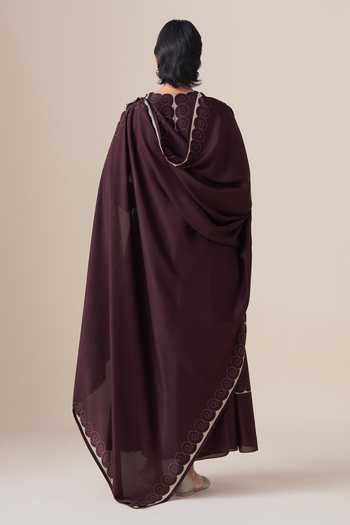 Shop_Ampm_Burgundy Silk, Cotton, Chanderi V-neck Meher A-line Kurta Palazzo Set _at_Aza_Fashions