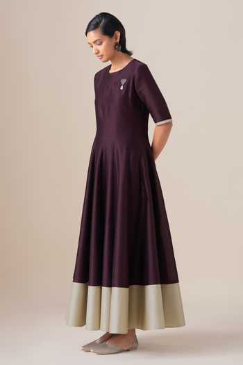 Ampm_Burgundy Chanderi Round Neck Omira Anarkali Pant Set _Online_at_Aza_Fashions