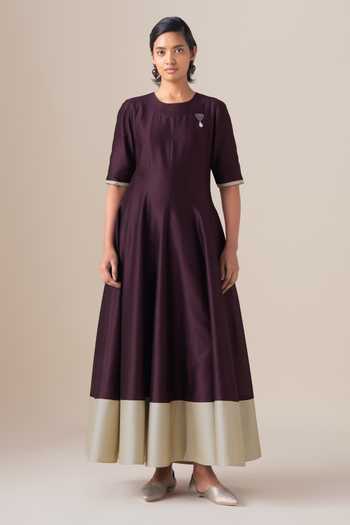 Shop_Ampm_Burgundy Chanderi Round Neck Omira Anarkali Pant Set _Online_at_Aza_Fashions