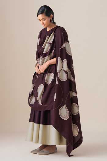 Ampm_Burgundy Chanderi Round Neck Omira Anarkali Pant Set _at_Aza_Fashions
