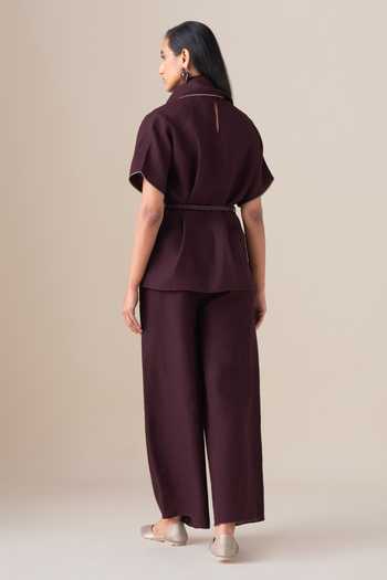 Shop_Ampm_Burgundy Linen Shawl Neck Dilnami Top And Palazzo Set _at_Aza_Fashions
