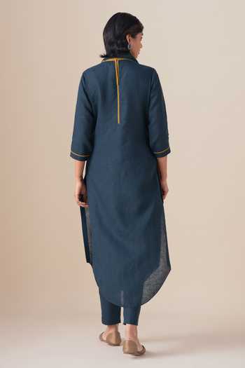 Shop_Ampm_Blue Linen Shawl Neck Dilawar Tunic And Pant Set _at_Aza_Fashions