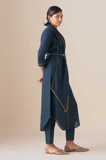 Ampm_Blue Linen Shawl Neck Dilawar Tunic And Pant Set _Online_at_Aza_Fashions