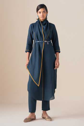 Buy_Ampm_Blue Linen Shawl Neck Dilawar Tunic And Pant Set _at_Aza_Fashions