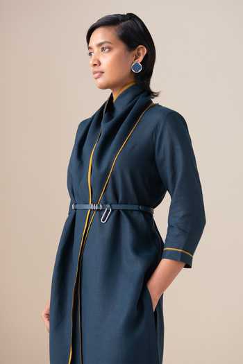 Shop_Ampm_Blue Linen Shawl Neck Dilawar Tunic And Pant Set _Online_at_Aza_Fashions