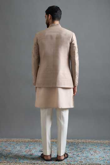 Shop_Gargee Designers_Beige Silk Embroidery Surya Jacket Kurta Set _at_Aza_Fashions