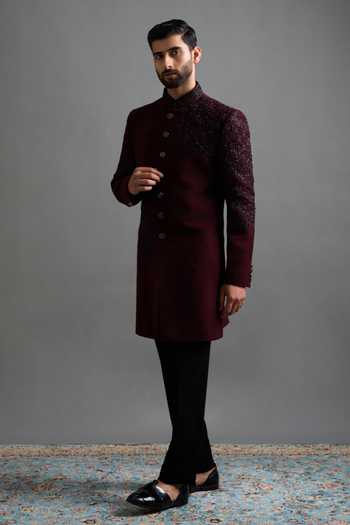 Gargee Designers_Wine Polyester Embroidery Rajatva Embellished Sherwani Set _Online_at_Aza_Fashions