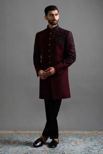 Buy_Gargee Designers_Wine Polyester Embroidery Rajatva Embellished Sherwani Set _Online_at_Aza_Fashions