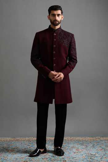 Buy_Gargee Designers_Wine Polyester Embroidery Rajatva Embellished Sherwani Set _at_Aza_Fashions