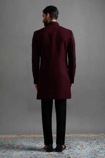 Shop_Gargee Designers_Wine Polyester Embroidery Rajatva Embellished Sherwani Set _at_Aza_Fashions