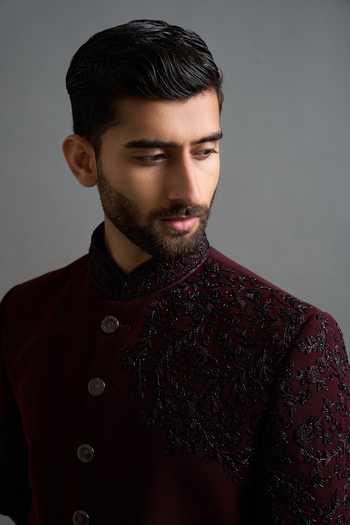 Shop_Gargee Designers_Wine Polyester Embroidery Rajatva Embellished Sherwani Set _Online_at_Aza_Fashions