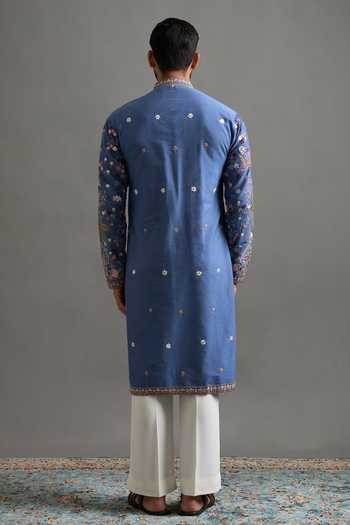 Shop_Gargee Designers_Blue Silk, Cotton Embroidery Mayur Vilas Kurta Set _at_Aza_Fashions