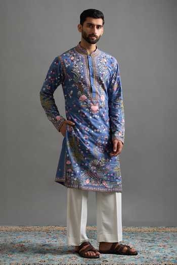 Buy_Gargee Designers_Blue Silk, Cotton Embroidery Mayur Vilas Kurta Set _at_Aza_Fashions