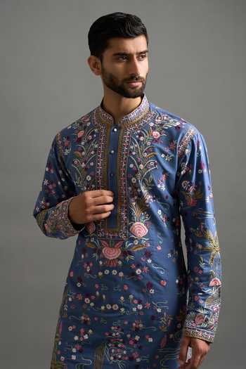 Gargee Designers_Blue Silk, Cotton Embroidery Mayur Vilas Kurta Set _Online_at_Aza_Fashions