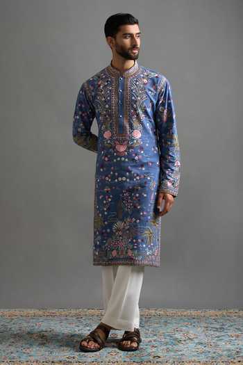 Buy_Gargee Designers_Blue Silk, Cotton Embroidery Mayur Vilas Kurta Set _Online_at_Aza_Fashions