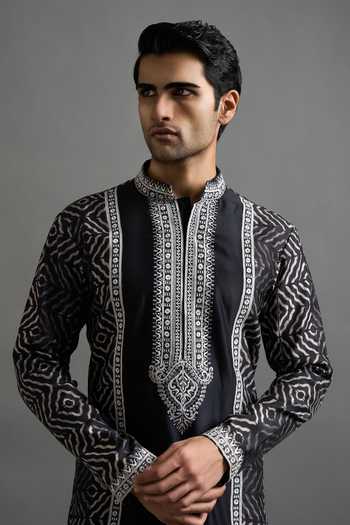 Shop_Gargee Designers_Black Chanderi Embroidery Veer Kurta Set _Online_at_Aza_Fashions