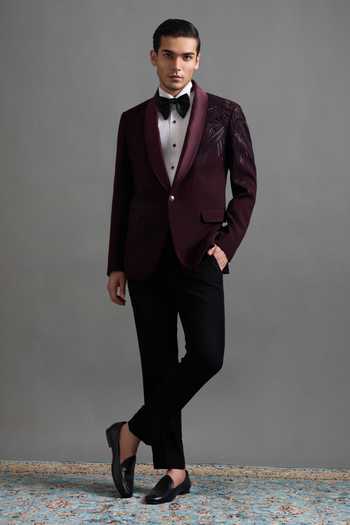 Buy_Gargee Designers_Wine Polyester Embroidery Amrit Tuxedo Set _at_Aza_Fashions