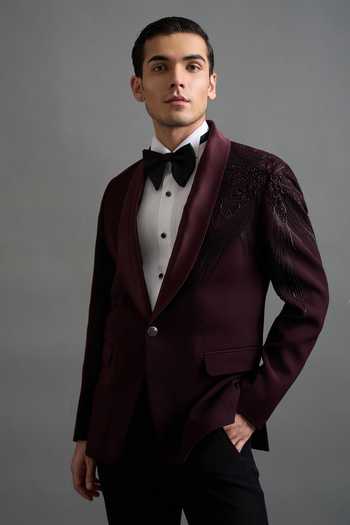 Buy_Gargee Designers_Wine Polyester Embroidery Amrit Tuxedo Set _Online_at_Aza_Fashions
