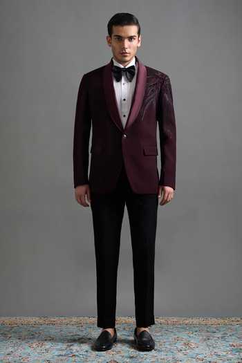 Shop_Gargee Designers_Wine Polyester Embroidery Amrit Tuxedo Set _Online_at_Aza_Fashions