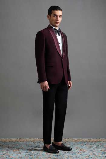 Gargee Designers_Wine Polyester Embroidery Amrit Tuxedo Set _at_Aza_Fashions