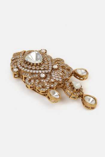 Ruby Raang_White Pearls, Stones Kundan Brass Hair Clip _Online_at_Aza_Fashions